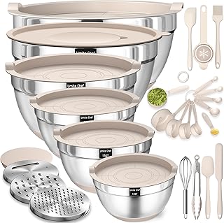 Price Drop: Mixing Bowls with Airtight Lids Set, 26PCS Stainless Steel Khaki Bowls with Grater Attachments, Non-Slip Bottoms & Kitchen Gadgets Set, Size 7, 4, 2.5, 2.0,1.5, 1QT, Great for Mixing & Serving