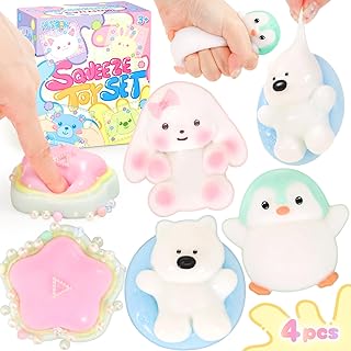 _SKIP_NINAOR Squishy Fidget Toys 4Pcs, Cute Penguin Bunny Pool Dog Squeeze Sensory Toys for Kids Stress Relief Gifts Treasure Box Toys for Classroom Birthday Party Favors Easter Stocking Stuffers for Teens