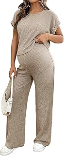 BLENCOT Maternity Clothes Ribbed Short Sleeve Maternity Pajamas Sets Sleepwear Lounge 2 Piece Matching Outfits Set
