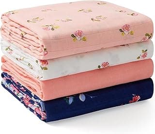 Momcozy Muslin Swaddle Blankets, 4-Pack Breathable and Skin-Friendly Receiving Blankets, Best Wishes Swaddle Blanket Shower Gifts & Baby Girl Newborn Essentials, Large 47"x47", Blooming Dream