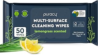 Puracy All-Purpose Cleaning Wipes – Non Toxic All Purpose Cleaner for Grease & Grime, Appliance Wipes, Lemongrass Scent (10.8 oz, 1 Pack, 50 Count)