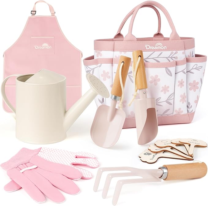 Baby Shower Gift Idea: Dreamon Gardening Set Toys for Kids, Quality Garden Tool Kit Includes Tote Bag, Apron, Gloves, Shovel, Rake, Cultivator, Watering Can, STEM Learning Outdoor Gifts for Kids Toddlers (Pink)