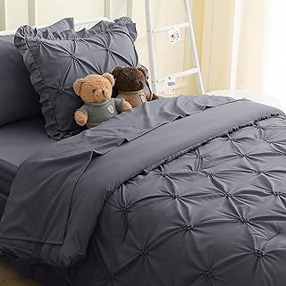 JOLLYVOGUE Dark Grey Bed in a Bag Comforter Set for Bedroom, Pintuck Twin Size Comforter Sets 5 Pieces, Beddding Sets with Comforter, Sheets,Ruffled Shams & Pillowcases