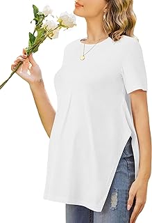 Ekouaer Women's Maternity Shirts Short Sleeve Pregnancy Tops Blouses Split Side Casual Crewneck Pregnant Tunic Tee