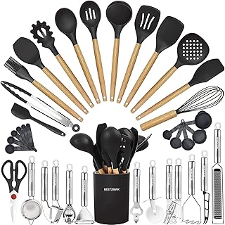 Cooking Utensils Set- 35 PCs Kitchen Utensils with Grater,Tongs, Spoon Spatula &Turner Made of Heat Resistant Food Grade Silicone and Wooden Handles Kitchen Gadgets Tools Set for Nonstick Cookware