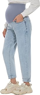 POSHGLAM Women's Maternity Boyfriend Jeans Over Belly Stretch Comfy Loose Casual Denim Pants with Pockets for Everyday Wear