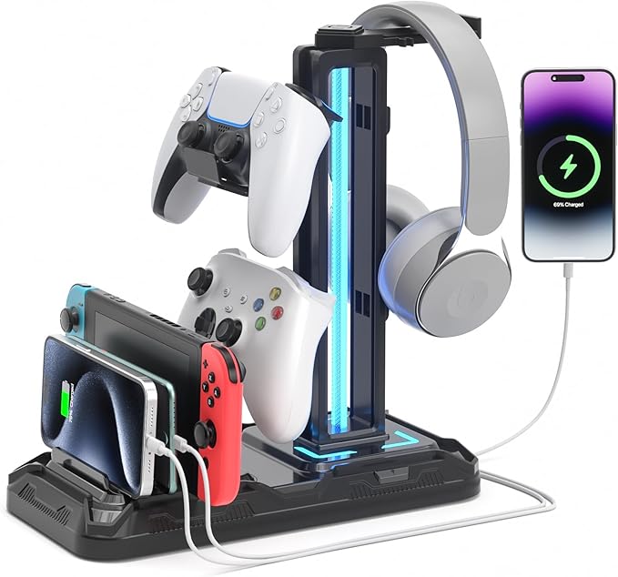 _SKIP_KDD Headset Stand with Charging Station - Detachable Controller Holder with 9 Light Modes - Rotatable Headphone Hanger with USB A&C Charger Ports - Earphone Hook for PC Gaming Accessories Storage