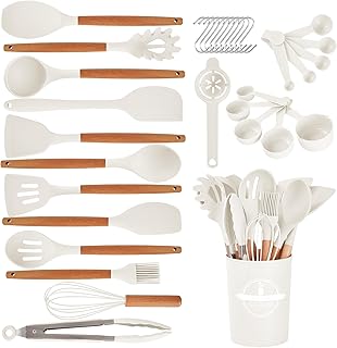 Trending on Amazon: Kitchen Utensils Set - 34 PCS Non-Stick Silicone Cooking Utensils Set Spatula Set with Holder, Wooden Handle Spoon,Brush,Whisk Kitchen Gadgets Tools Set for Nonstick Cookware (Cream White-34P)
