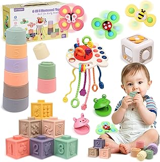 Baby Toys 6-12 Months, 6 in 1 Montessori Toys for Toddlers 1-3, Infant Sensory Pull String Toy, Fidget Spinners Soft Baby Blocks Stacking Cups, Baby Gifts for 1 Year Old