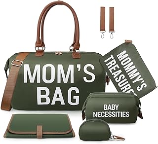 printe 6pcs Large Diaper Bag Tote with Changing Pad & 2 Organized Pouches, Mom's Bag for Hospital with Pacifier Case, Straps, Stroller Hook, Baby Diaper Bag for Weekender Travel, Olive Green