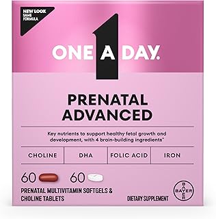 One A Day Prenatal Advanced- Prenatal Vitamins with Folic Acid, Choline, DHA & Iron, Pregnancy Vitamins for Women to Support Baby’s Development, 60+60 Ct (120 Total Set) (Packaging May Vary)