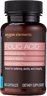 Amazon Elements - Folic Acid, 800 mcg per serving, Tablet, 180 Count, Pack of 1, Women's Dietary Supplement for Healthy Prenatal Development, 6 Months of Supply