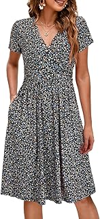 OUGES Maternity Nursing Dress Breastfeeding Short Sleeve V Neck Casual Pregnancy Clothes with Pockets