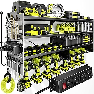 Hidden Gem Find: Large Power Tool Organizer Wall Mount with Charging Station,4 Layer Heavy Duty Metal Tool Storage Rack Loads 600lbs with 8 Cordless Drill Holder,Battery Utility Rack Loads with 4 Power Strip