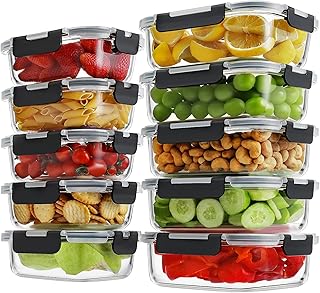 HOMBERKING 10 Pack Borosilicate Glass Meal Prep Containers with Locking Lids, Glass Food Storage Containers Set, Airtight Lunch Bento Boxes, BPA-Free & Leak Proof, 36oz & 14oz, Freezer, Oven Safe