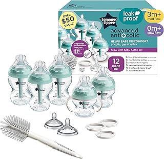 Tommee Tippee Advanced Anti-Colic 12 Piece Set, 5 oz and 9 oz BPA Free Bottles, Newborn 0+ Months, Includes Slow & Medium-Flow Breast-Like Nipples and Bottle Handles and Cleaning Brush