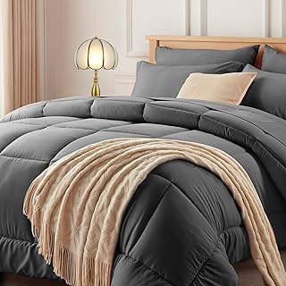 Newspin Queen Comforter Set Dark Grey - Bed in a Bag Queen Size 7 Pieces, All Season Bed Set, Fluffy Comforter Set with Sheets, Sheet Set Quilt Blanket, Pillowcases & Shams