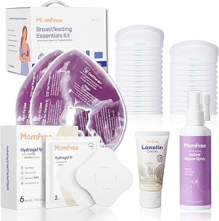 Breastfeeding Essentials Kit for Nursing Moms Nipple Relief, 60 Piece Gift Set with Reusable Hot and Cold Breast Therapy Packs/Hydrogel Nipple Pads/Lanolin cream/Disposable Nursing Pads/Saline Spray