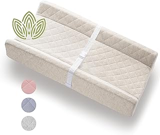 Organic Cotton Contoured Baby Changing Pad w/Waterproof Foam Mattress, Includes Soft, Removable & Washable Cover, Safety Strap, Non-Slip Bottom, Topper for Standard Size Infant Diaper Table & Dresser