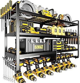 Perfect Gift Idea: Large Power Tool Organizer Wall Mount,4 Layers Heavy Duty Metal Loads 400lbs,Power Tool Shelf Battery Storage with 8 Cordless Drill Holder,Utility Racks for Garage Workshop