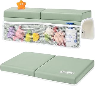 URMYWO Bath Kneeler and Elbow Rest Pad Set - 1.5" Thick Baby Bath Kneeler Pads with Toys Organizer, Anti-Slip Cozy Knee & Arm Support Bathtub Mat, Quick Dry Kneeling Pad for Baby Bath Time