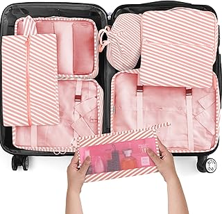 _SKIP_8 Set Packing Cubes for Travel, Luggage Packing Organizers Accessories Large Toiletries Bag for Clothes Shoes Cosmetics (Pink Strips)