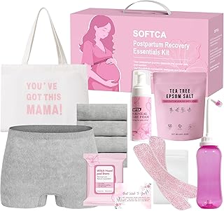 Postpartum Essentials Kit - Peri Bottle,Perineal Ice Packs,Perineal Healing Foam,Disposable Underwears,Cooling Pad Liners,Bath Salts,Canvas Bag,Card,Postpartum Gifts for Mom