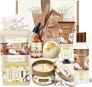 Gifts for Women Happy Birthday Gift Baskets, Bath and Body Gift Set Mothers Day Gifts, Vanilla Coconut Relaxing Home Spa Set Self Care Gift for Mom Sister Her Wife Grandma Girlfriend Friends