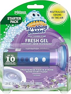 Scrubbing Bubbles Fresh Gel Toilet Bowl Cleaning Stamps, Helps Keep Toilet Clean and Helps Prevent Limescale & Rings, Lavender Scent, 1 Dispenser with 6 Fresh Gel Stamps