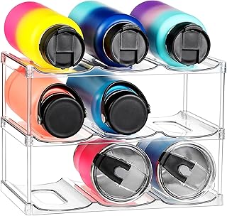 LARGER Compartment - Stackable Water Bottle Organizer Holder - for Stanley & Others' Large Tumbler - Clear Wine Rack, Cup Bottle Holder for Cabinet Home Countertop Fridge Pantry Shelf, 3 Tier Hold 9