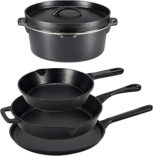 Amazon Basics Pre-Seasoned Cast Iron 5-Piece Cookware Set, Oven Safe, Cooks Evenly, 14.17 x 12.2 x 10.63 in, Black