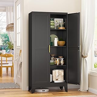 Price Drop: Metal Storage Cabinet With 2 Doors and 3 Adjustable Shelves, Black Kitchen Pantry for Food, Utility Cabinet for Laundry Room, Cupboard
