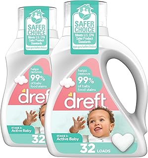Dreft Active Baby Liquid Laundry Detergent, Helps Remove 99% of Baby Food Stains, Hypoallergenic, 2 pack, 32 loads each