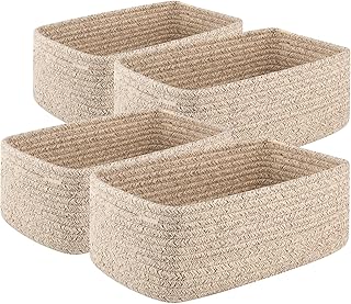 OIASKET 4 Pack Small Storage Shelf Baskets for Organizing, Mini Woven Rope Storage Bins for Towels, Cute Decorative Closet Organizer，Baby Nursery, Gift Empty Baskets -11.81''Lx7.87''Wx4.72''H'-Brown