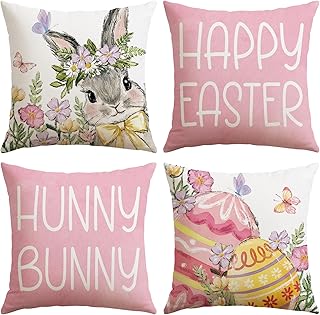 Artscope Happy Easter Rabbit Eggs Throw Pillow Covers 18x18 Inch Set of 4, Hunny Bunny Decoration Pillow Cases for Home Sofa Couch