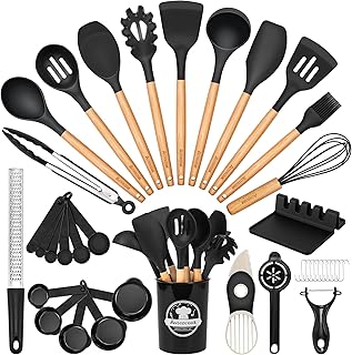 Astercook 39 PCS Kitchen Utensils Set, Silicone Cooking Utensil Sets with Wooden Handle, 446°F Heat Resistant Food Grade Spatula Set, BPA Free Kitchen Gadgets Tools Set for Mothers Day Gifts