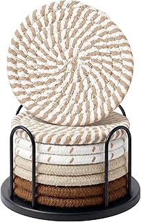 Kitchen Hack Alert: Lazebox Coasters Set of 8 for Drinks, Beer, Coffee, Cotton Woven 4 Colors Absorbent Coaster with Holder, Boho Coasters for Home Decor Tabletop Protection Suitable for Kinds of Cups, Coffee