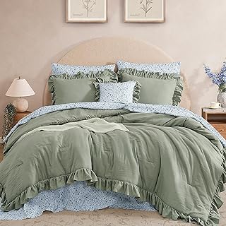 Trending on Amazon: Queen Comforter Set - 7 Pieces Ruffle Sage Green Bedding Sets, Shabby Chic Farmhouse Bed in a Bag Queen with Ruffle Comforter, Floral Sheets, Pillowcases & Shams