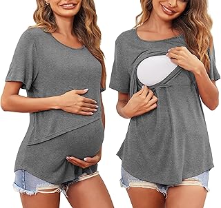 Ekouaer Women Short Sleeve Nursing Shirts Soft Maternity Tops Double Layer Breastfeeding Blouse Round Neck Pregnancy Clothes