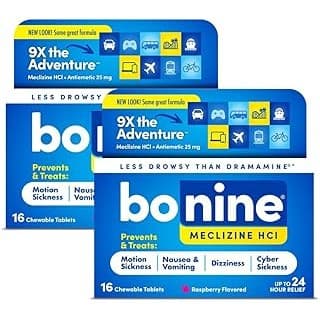 Back in Stock Alert: Bonine Non-Drowsy Motion Sickness Relief - 32 Chewable Tablets with Meclizine HCL 25mg - Non Drowsy Medicine for Nausea or Motion Sickness - Cruise Essentials - Raspberry Flavor