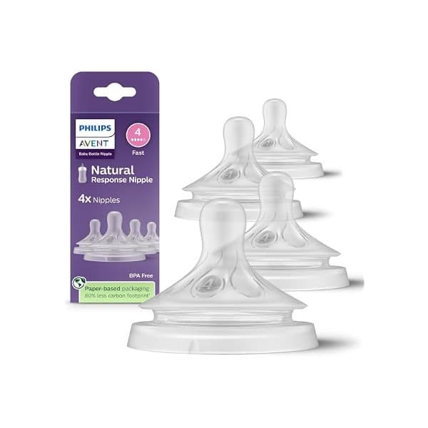 Amazon's Choice: Philips Avent Natural Response Nipples, Fast Flow, 4-Pack | Baby-Controlled Flow, No-Drip Design, Anti-Colic Valve, Wide Breast-Shaped Nipple, BPA-Free, 4-Pack, SCY964/44