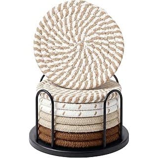 Kitchen Hack Alert: Lazebox Coasters Set of 8 for Drinks, Beer, Coffee, Cotton Woven 4 Colors Absorbent Coaster with Holder, Boho Coasters for Home Decor Tabletop Protection Suitable for Kinds of Cups, Coffee