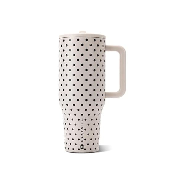 Pregnancy Hack: HydroJug Polka Dot Traveler 40oz, Insulated Tumbler, French Vanilla | Triple wall insulated, flip straw lid, leak-resistant, stainless steel, cup holder friendly, BPA-free, Polka Dot
