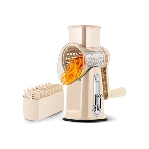 Toddler-Approved Amazon Find: SUSTEAS Rotary Cheese Grater with Handle - Vegetable Shredder with 5 Well-designed Blades & Strong Suction Base,Round Mandoline Slicer & Food Chopper for Kitchen,with Blade Storage Box(Beige)
