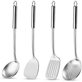 Price Drop: Pleafind Cooking Utensils Set - 4 Pcs Stainless Steel Kitchen Utensils Set with Solid Turner, Slotted Turner, Serving Ladle, Slotted Spoon, Wok Utensils Set with Heat Resistant Handle, Dishwasher Safe