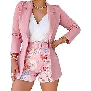 New Mom Must-Have: Womens 2 Piece Blazer Set Open Front Blazer Coat with Floral Print Shorts Summer Suits Set With Belt