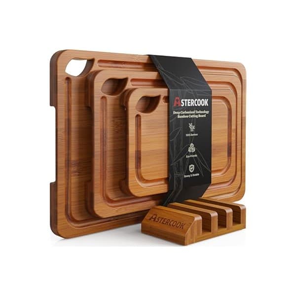 Trending on Amazon: Astercook Deep-Carbonized Bamboo Cutting Boards for Kitchen with Wood Storage Stand, Reversible Charcuterie & Chopping Boards with Juice Grooves and Easy-Grip Handles, Mothers Day Gifts