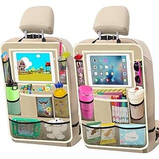 New Mom Must-Have: Car Seat Organizer with10 Storage Pockets Seat Back Protectors Kick Mats for Kids Toddlers, Travel Accessories Beige