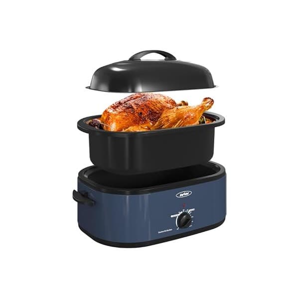 We Are Obsessed With This: Sunvivi Roaster Oven, Electric Roaster Oven with Self-Basting Lid, 24lb 20-Quart Turkey Roasters with Unique Defrost/Warm Function, Large Roaster with Removable Pan & Rack, Stainless Steel, Blue