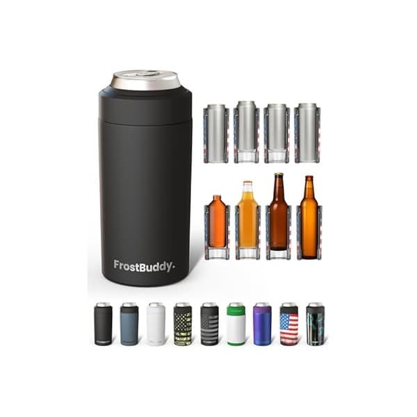 Best Amazon Buy Under: Frost Buddy Universal Can Cooler - Fits All - For Regular 12 & 16 oz or Slim-Size Bottles - Insulated Double-Walled Stainless Steel (MatteBlack)
